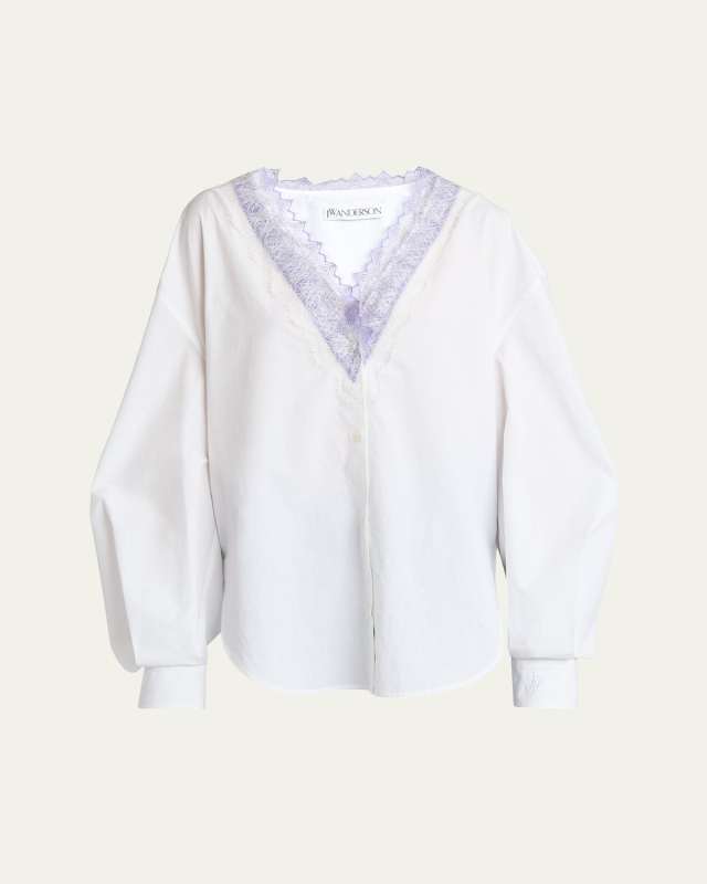 Lace Trim V-Neck Cotton Blouse